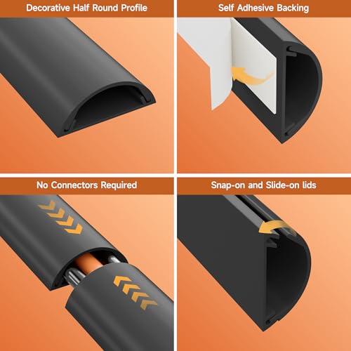 Delamu 85in Adhesive Cord Hider Wall, Mounted TV Cord Cover Kit, Multiple Cable Raceways for Wall Corner, Wire Cover Hiders for 2-3 Cables, 1.57" W X 0.59" H, Black by Delamu - Used condition - Image 3