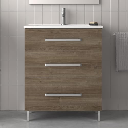 AMIZUVA - Conjunto de Mueble de Baño Serie Madrid, Incluye Lavabo Cerámico y Tirador Metálico, Acabado en Roble Vulcano - Dimensiones 70x74x45 cm