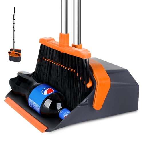 Tiumso Broom and Dustpan Set with 51'' Long Handle, Upright Broom and Dustpan Combo for Home Kitchen Office Restaurant Garage Lobby Dog Cat Pets Hair - Grey and Orange by Tiumso - Used condition - US$16.93