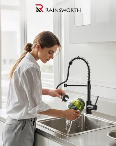 Rainsworth Robinet de cuisine en acier inoxydable noir - Deux types de jet d'eau - Robinet de cuisine extensible haute pression avec douchette extensible - Robinet d'évier rotatif à 360° - Convient – vue 9