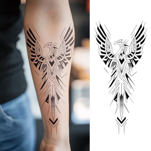 WEEKINK Geometric Tribal Phoenix Temporary Tattoo for Men – Realistic Black Ink Totem Bird, Sleeve Piece, Long Lasting 1–2 Weeks Waterproof Semi-Permanent Tattoo for Arm & Calf