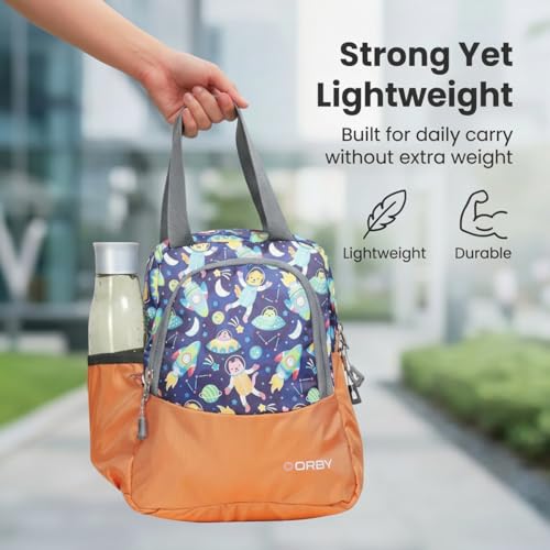Image of ORBY Lunch Bag Galaxy Spaceship Orange | Water-Repellent Durable Fabric | Tiffin Bag with Bottle Holder & Front Pocket | Strong Zipper & Spacious Meal Storage (Spaceship Pattern, Orange)