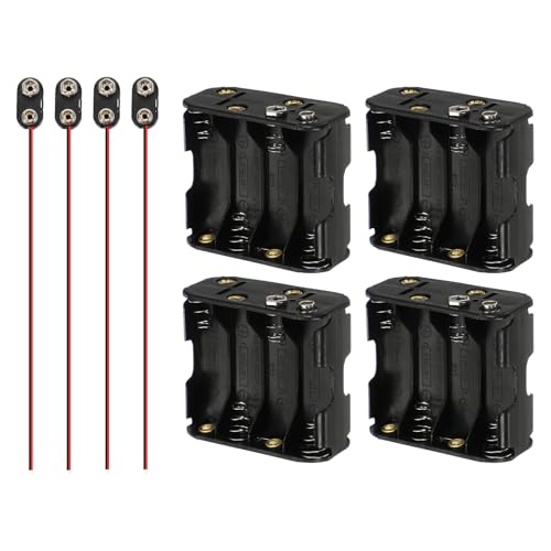 QUARKZMAN 4 Piezas De Portalápices para 8 Pilas AA con Cables, Portalápices para 8 Pilas AA De 1.5V con 4 Conectores De Plástico Tipo I para 9V, Caja De Plástico Negro Rojo