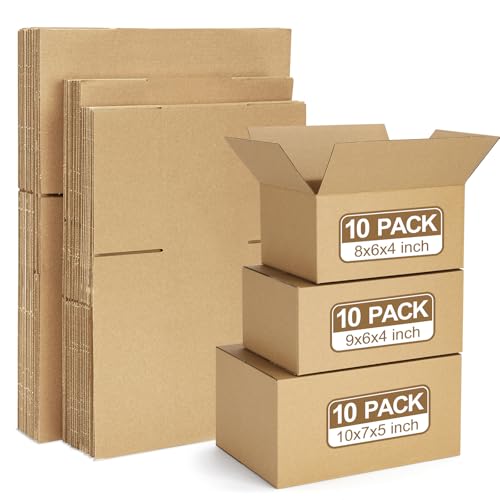 Eupako 30 Pack Small Shipping Boxes Assorted Sizes, 8x6x4 & 9x6x4 & 10x7x5 10 PCS Each Mailing Boxes, Brown Corrugated Box Mailers, Cardboard Boxes for Packaging Small Business