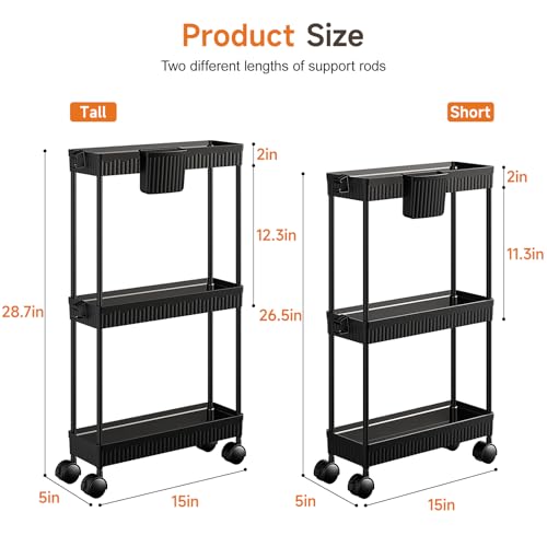Sevenblue 2 Pack Slim Storage Rolling Cart with Wheels, 3 Tier Rolling Cart Bathroom Organizers and Storage, Utility Cart for Laundry Room Organization, Bathroom and Kitchen Narrow Places, Black - Thumbnail 4
