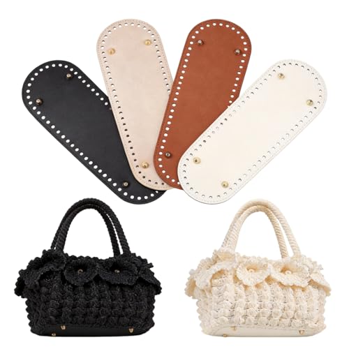 4 Stück Taschenboden zum Häkeln, 30x10cm Oval Stricken Häkeln PU Taschenboden, Boden Tasche Häkeln mit Löchern, Tasche Bodenformer Kunstleder für Häkelkorb Strickbeutel DIY Korbflechten Häkelzubehör