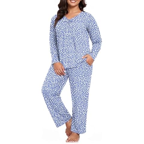 CATHY Women Pajama Sets V Neck Comfy Lounge Set Soft Long Sleeve Pj Sleepwear with Pockets, 3XL, Spotted Blue Cover
