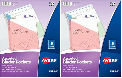 Image of Avery Binder Pockets, Assorted Colors, 8.5 inch x 11 inch, Acid-Free, Durable, 5 Slash Jackets (75254) (Pack of 2)