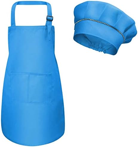 Kids Apron and Chef Hat Set, Adjustable Children Chefs Apron with Pockets for Boys Girls, Toddler Kitchen Garden Bib Aprons for Cooking Baking Painting Crafting Wear (M for 3-6 Age) (White)