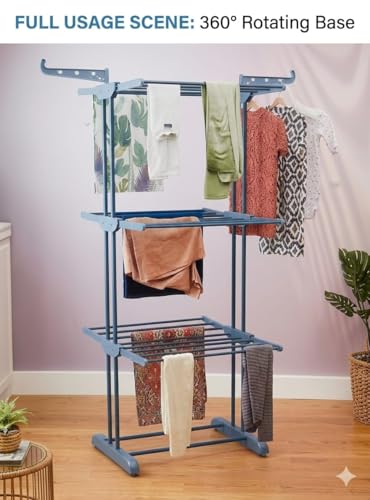 Image of 3-Tier Metal Clothes Drying Stand with 360 Rotating Wheels, Foldable Hanger Stand for Indoor and Outdoor Use, Blue