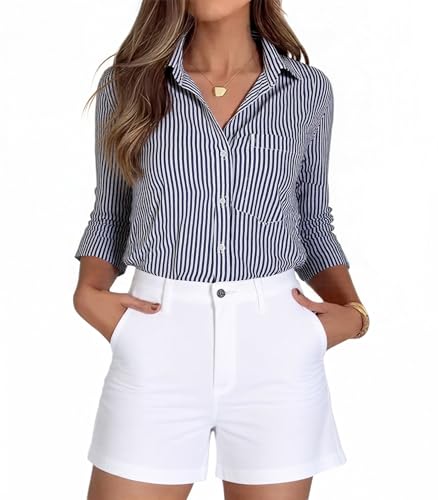 Beninos Striped Button Down Shirts for Women Dress Shirts Long Sleeve Casual Collared Office Work Shirt with Pocket