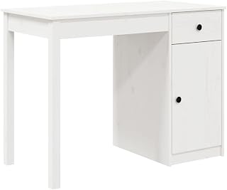 vidaXL Solid Wood Pine Desk Home Office Furniture Wooden Computer Table Bedroom Standing Computer Study Writing Desk with Storage Drawer White