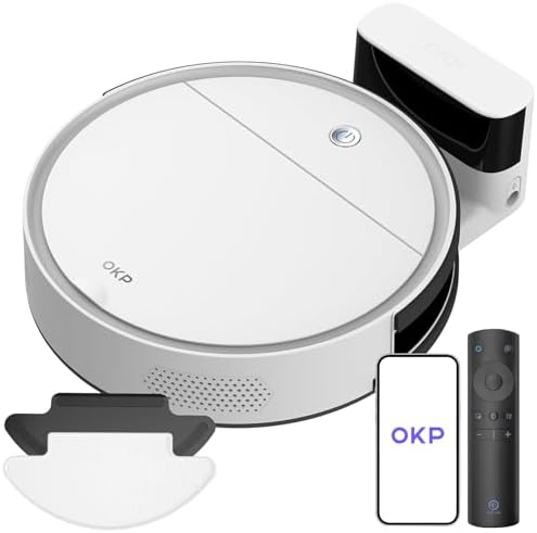 OKP Aspirateur Robot, WiFi/App/Alexa Robot Aspirateur avec Programme, Compact et Silencieux, Robots Aspirateurs à Chargement Automatique pour Les Poils d'animaux Tapis Sols Durs, Blanc