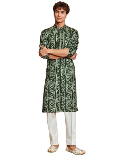 Elina fashion Men’s Green Bandhani Printed Cotton Kurta with White Pajama Set