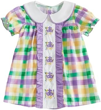 Honganda Cute Toddler Baby Girl Carnival Dress Doll Collar Bubble Sleeve Ruffle Plaid Mini Dress Holiday Mardi Gras Outfit