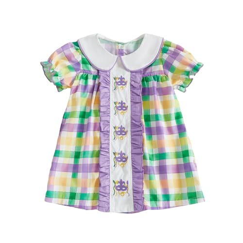 Baby Girl Carnival Dress Mardi Gras Outfits Letter Embroidery Doll Collar Smocked A-Line Plaid Dress Party Dresses (D-Purple 3-4 Years)
