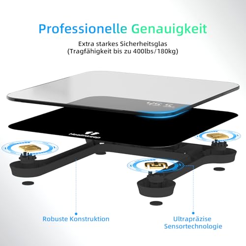Healthkeep Personenwaage Digital mit LED-Display, Körperwaage mit Hochpräzisions-Sensoren, Präzise Digitale Waage Personen aus Sicherheitsglas bis 180kg, Schwarzes Glas Große runde Ecke 26 * 26cm