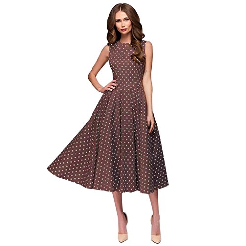 Ansenesna Kleid Damen Sommer Elegant Für Hochzeit Knielang A Linie Cocktailkleid Punkte Ärmellos Für Party Festlich (XL, Braun)