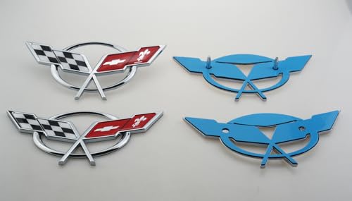 Image of Front Nose & Rear Deck Lid Crossed Flags Emblems Car Badge Nameplate 3D Logo Compatiable with 1997-2004 Corvette C5 19207384 19207385 2Pcs (Pair) (Blue Black)