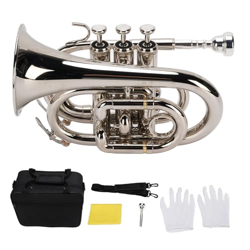 Pocket Trumpet BB Flat dla Początkujących Studentów, BB Trąbka, Mosiężna Trąbka, B Płaska Trąbka, Instrument Trumpet dla Dzieci z Ustnikiem 7C, szmatką, Rękawiczki, twardą