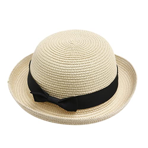 OULII Fashion Women's Girls Bowknot Roll-up Wide Brim Dome Straw Summer Sun Hat Bowler Beach Cap (Beige)
