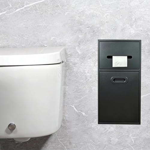 In-Wall Toilet Roll Holder Built-in Trash Can Space, Bathroom Waterproof Tissue Paper Dispenser, Concealed Recessed Toilet Paper Holder, Hidden Cleaning Tool Organizer for Small Bathroom(Black)