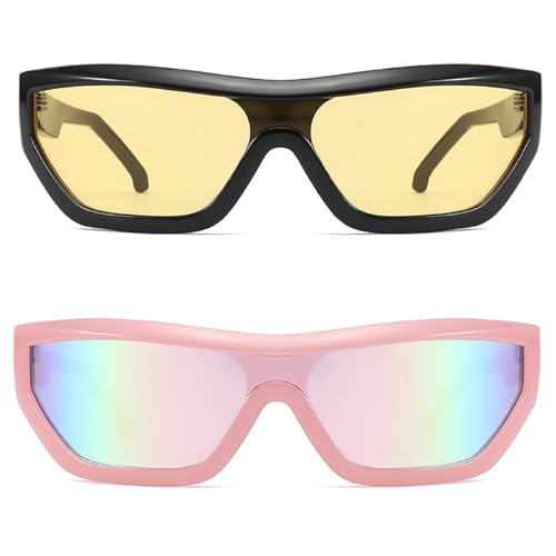 Y2k Sports Sunglasses Women 2024 Trend Punk Sun Glasses For Men Goggles Luxury Fashion One Piece Sunglass Shades (2pcs-yellow&pink)