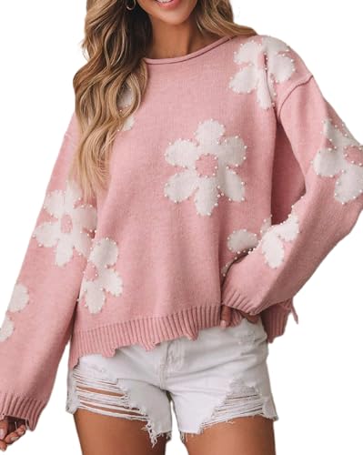 Image of Women's Cute Heart Sweater Love Print Valentine Romantic Knitted Top Casual Crewneck Long Sleeve Sweaters Pullover