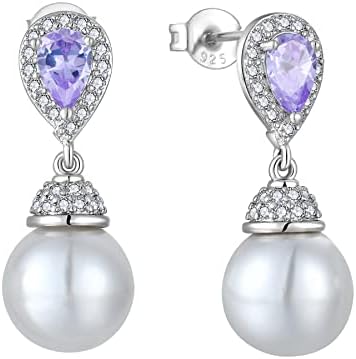 BELRYO Women's Pearl Wedding Earrings 925 Sterling Silver Mother of Pearl Dangle Earrings with Cubic Zirconia Teardrop Bridal Earrings Jewelry for Women June Birthstone Alexandrite Color