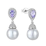 BELRYO Women's Pearl Wedding Earrings 925 Sterling Silver Mother of Pearl Dangle Earrings with Cubic
