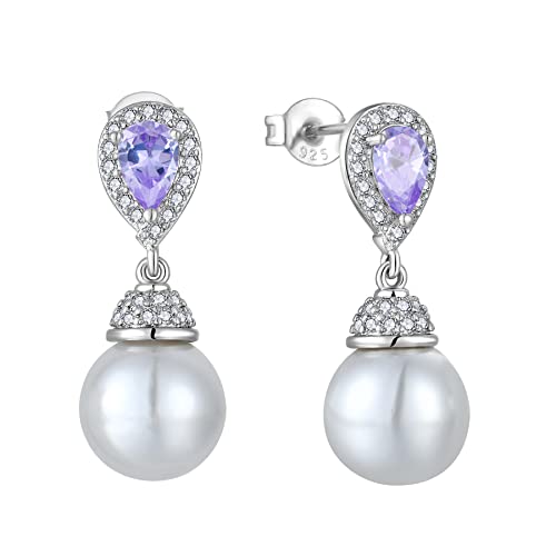 Belryo Women's Pearl Wedding Earrings 925 Sterling Silver Mother Of Pearl Dangle Earrings With Cubic Zirconia Teardrop Bridal Earrings Jewelry For Women June Birthstone Alexandrite Color #TOP3