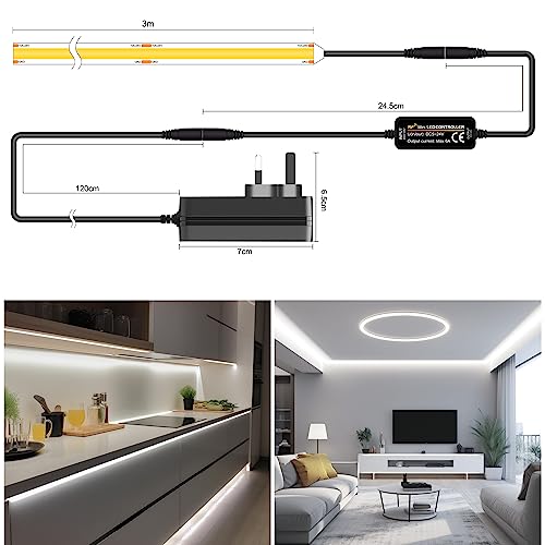 TTWAY COB LED Strip Lights, Dimmable LED Strip Kit 6000K, Super Bright 24V LED Tape Lights CRI90+ with RF Remote and UKCA Power Supply for DIY Home Decoration, 3M, 1440LEDs, Cool White.