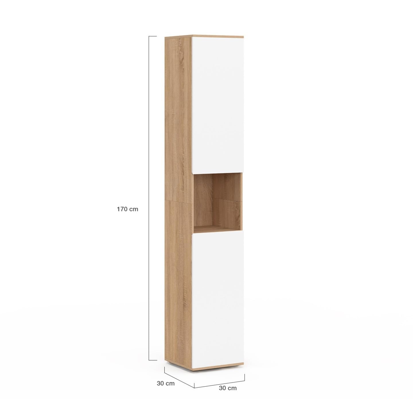 IDMarket TOMI - Mueble de columna para cuarto de baño suspendido de 2 puertas, 1 nicho de haya y blanco