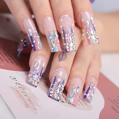 Mqpq Luxury Rainbow Press On Nails With Rhinestones Extra Long Square Fake Nails 24Pc Glossy Full Cover False Nails For Women And Girls #TOP6