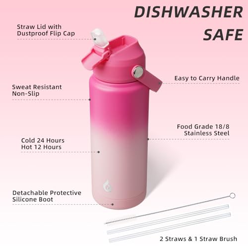 BJPKPK Water Bottle with Straw Lid, 24oz Vacuum Insulated Water Bottles, Metal Stainless Steel Thermo for Sports, Travel, BPA Free Leak Proof Thermo, Cups, Flasks, Tumblers,Cherry by BJPKPK - Image 3