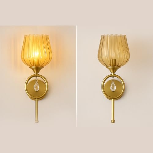 Image of WHITERAY Modern Gold Wall Lamp with Elegant Glass Shade and Crystal Accent, Decorative Wall Sconce for Bedroom, Living Room, Hallway, Dining Room, Hotels and Stylish Home Interior Light (with Bulb)