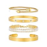 HolidayQbee Gold Bracelet Set for Women, 4-Piece Boho Gold Bangle for Women with Twisted Nail Cuff, Diamond-Accent Bangle & Wide Cuff, Adjustable Tennis Chain Bracelet