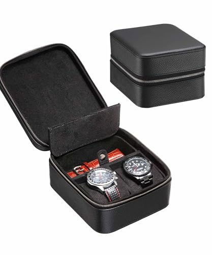 Estuche de viaje para 2 relojes con compartimento de almacenamiento, caja de transporte de cuero de grano superior para hombres | Se adapta a todos los relojes de hasta 60 mm