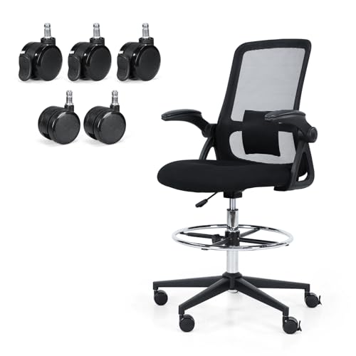 Image of Ergonomic Drafting Chair,Tall Office Chair with Mesh Back | Locking casters, adjustable foot ring, flip-up arms, adjustable lumbar support, 300 lbs capacity