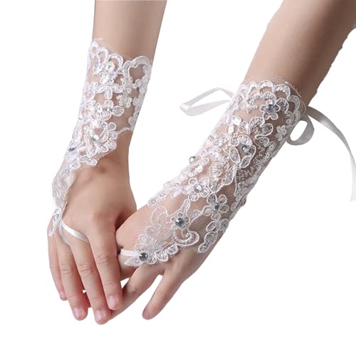 Image of KinetiCore Girls White Lace Fingerless Gloves, Floral Princess Gloves for Kids 3-10 Years, Flower Girl Wedding, Birthday Party, Costume Dress Up & Stage Performance