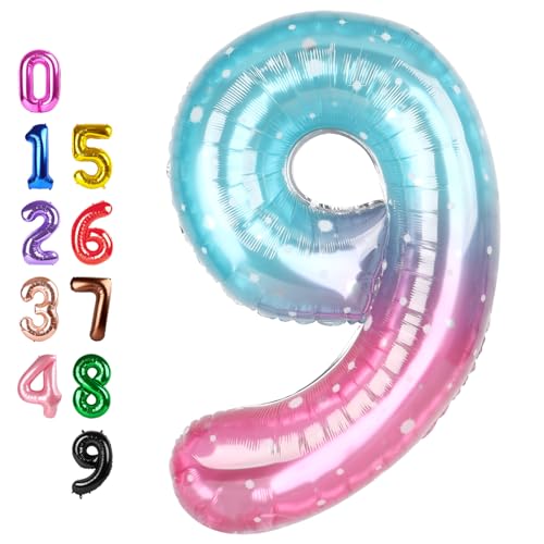 Image of Number Balloons 9 Balloon 40 inch for 9 Birthday Decorations, Blue and Pink | Saturated Color, Large 40 in, With Inflation Straw & Hanging Hole, Great for Men's Party, Back-To-School Season, Pool Party