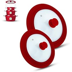 Sartenes Pequeñas Para Tapas M.S.N Juego de 2 tapas universales de cristal, 2 piezas, ollas y sartenes de 16/18/20 cm y 24/26/28 cm, con válvula de escape y borde de silicona, color rojo, 16/18/20-24/26/28 cm