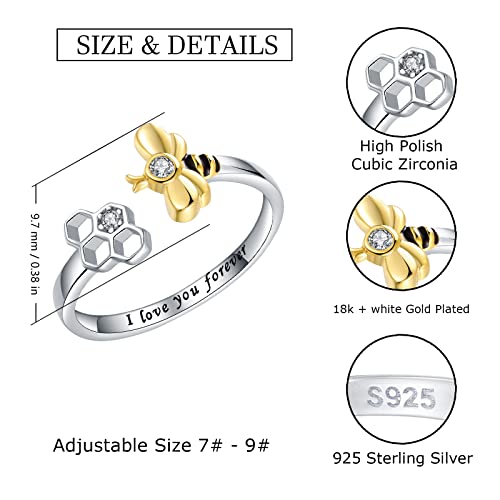 925-Sterling-Silver Honeycomb Bumble Bee Ring - Dainty Cubic Zirconia Adjustable Open Gold Honey Bee Rings Cz Cute Animal Lucky Pinky Toe Knuckle Thumb Ring Engraved "I Love You Forever" Bumblebee Lovers Jewelry Gifts For Women Teen Girls (Honeycomb Bee Ring) #TOP5