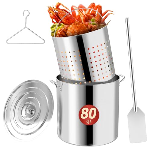 80QT Seafood Boil Pot with Detachable Stirring Paddle Stainless Steel Stock Pot Crawfish Boiler with Basket Lid & Lifting Hook Perfect for Outdoor Crab Lobster & Shrimp Boils