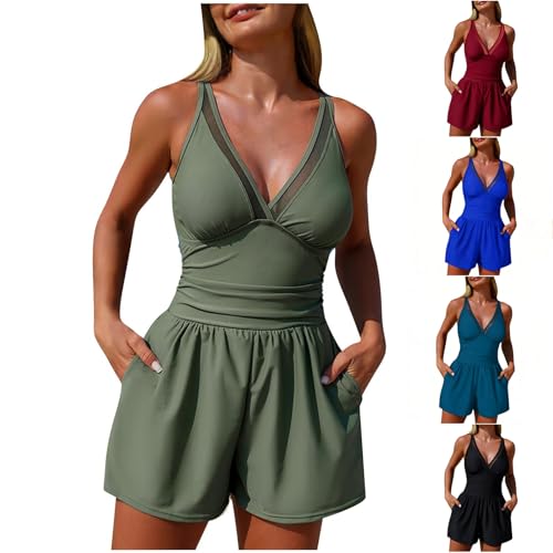 Swim Romper Women One Piece Swimsuit with Pockets V Neck High Waist Tummy Control Swimwear Modest Mesh Panel Bathing Suit Slim Fit Shorts Swimming Costume for Beach Holiday Athletic Surfing