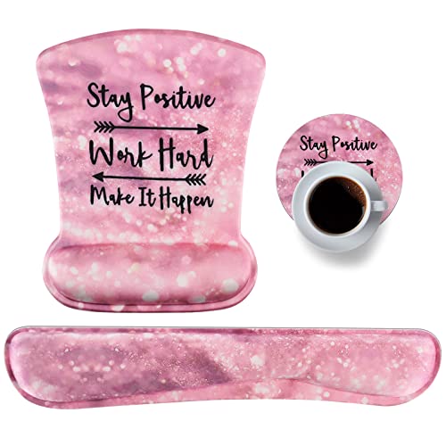 Ergonomic Mouse Pad with Wrist Support Gel, DINKY Upgraded Keyboard Wrist Rest Pad Set, Lovely Coaster with Non-Slip PU Base Mouse Pads for Working, Gaming and Family (Pink Letters)