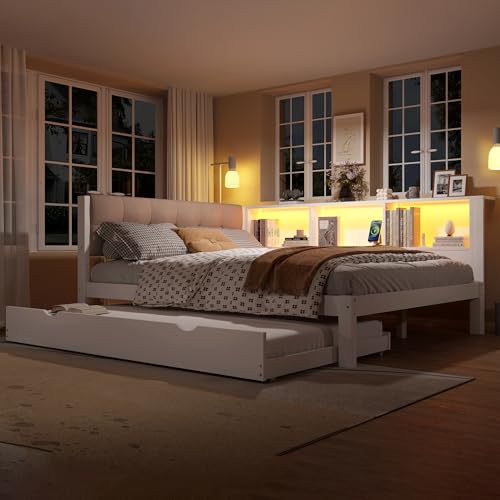 Huayz Cama infantil de 90 x 200 cm, con cama nido de 90 x 190 cm, con conector USB y tira LED, sofá cama con cabecero acolchado, estructura de madera, blanco, sin colchón (blanco, 140 x 200 cm)