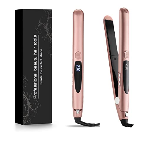 Rose Gold Dual Voltage Hair Straighteners for Women 2 in 1 Hair Straightener and Curler Ceramic Plates Flat Iron Hair Straightener with Adjustable Temperature LCD Display for Long Short Hair
