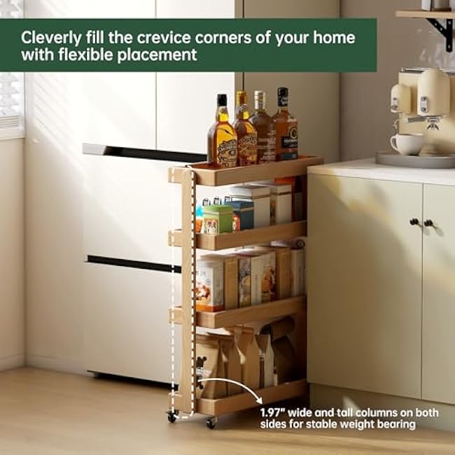 100% Solid Oak Art Storage Cart, 4-Tier Rolling Utility Cart with Wheels, Multifunctional Storage Trolley Shelving Unit on Wheels for Living Room Kitchen(Natural, 7.87D x 23.62W x 31.89H)-JqBM7zZX