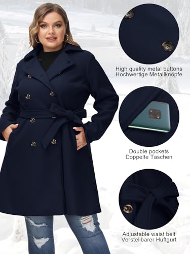 Hanna Nikole Women Plus Size Double Breasted Wool Pea Coat Notch Lapel Trench Coats Mid Long Winter Outerwear with Belt4